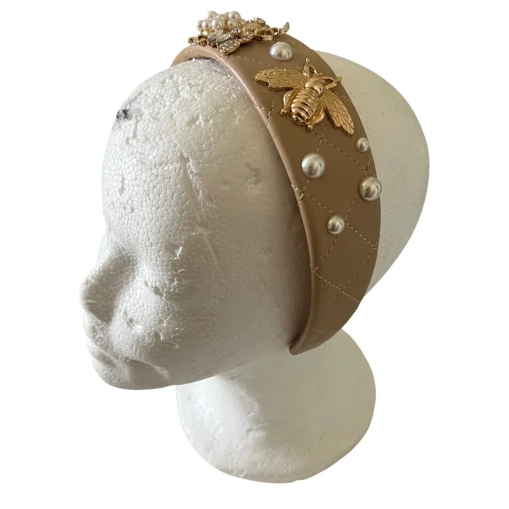 Women's Quilted Tan Faux Leather Headband with Gold Bee and Pearl Embellishments